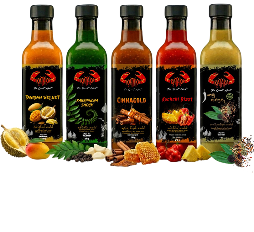 KATAKA sauce bottles — Durian Velvet, Karapincha Shock, Cinnagold and Kochchi Blazt